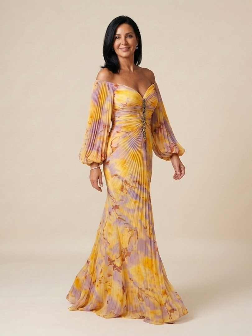 Eulalie Off Shoulder Pleated Long Sleeve Maxi Dress - Elena Harper