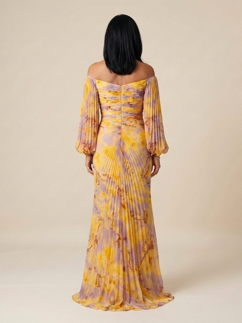 Eulalie Off Shoulder Pleated Long Sleeve Maxi Dress - Elena Harper