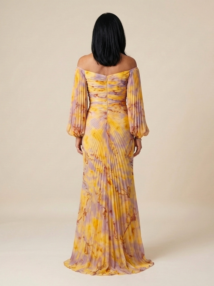 Eulalie Off Shoulder Pleated Long Sleeve Maxi Dress - Elena Harper