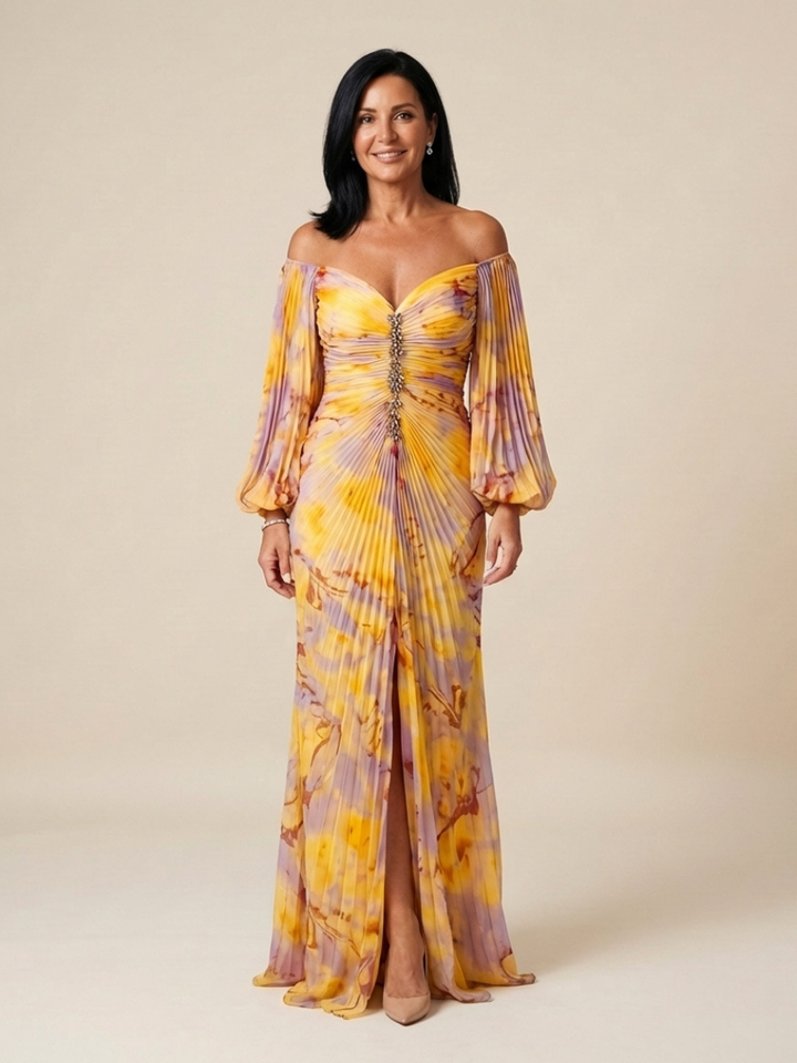 Eulalie Off Shoulder Pleated Long Sleeve Maxi Dress - Elena Harper