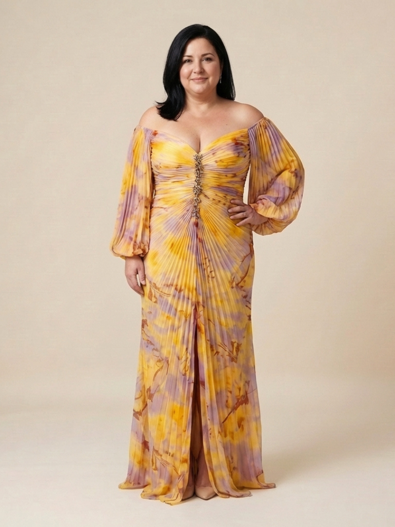 Eulalie Off Shoulder Pleated Long Sleeve Maxi Dress - Elena Harper
