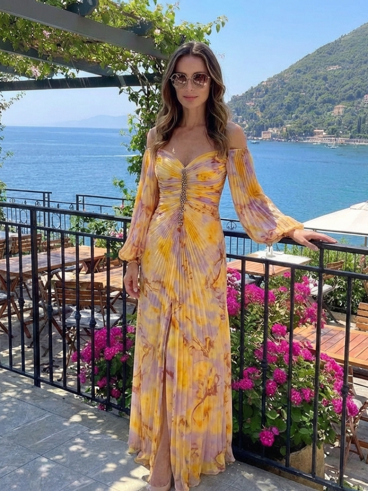 Eulalie Off Shoulder Pleated Long Sleeve Maxi Dress - Elena Harper