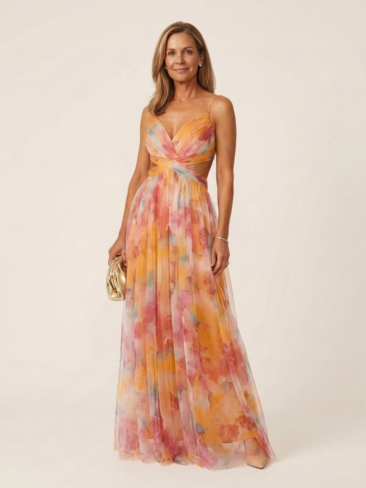Women's Sleeveless V Neck Pleated Maxi Dress