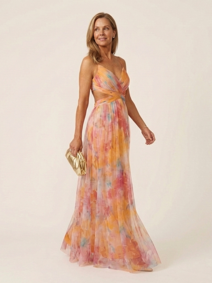Women's Sleeveless V Neck Pleated Maxi Dress