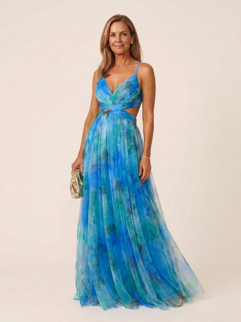 Women's Sleeveless V Neck Pleated Maxi Dress