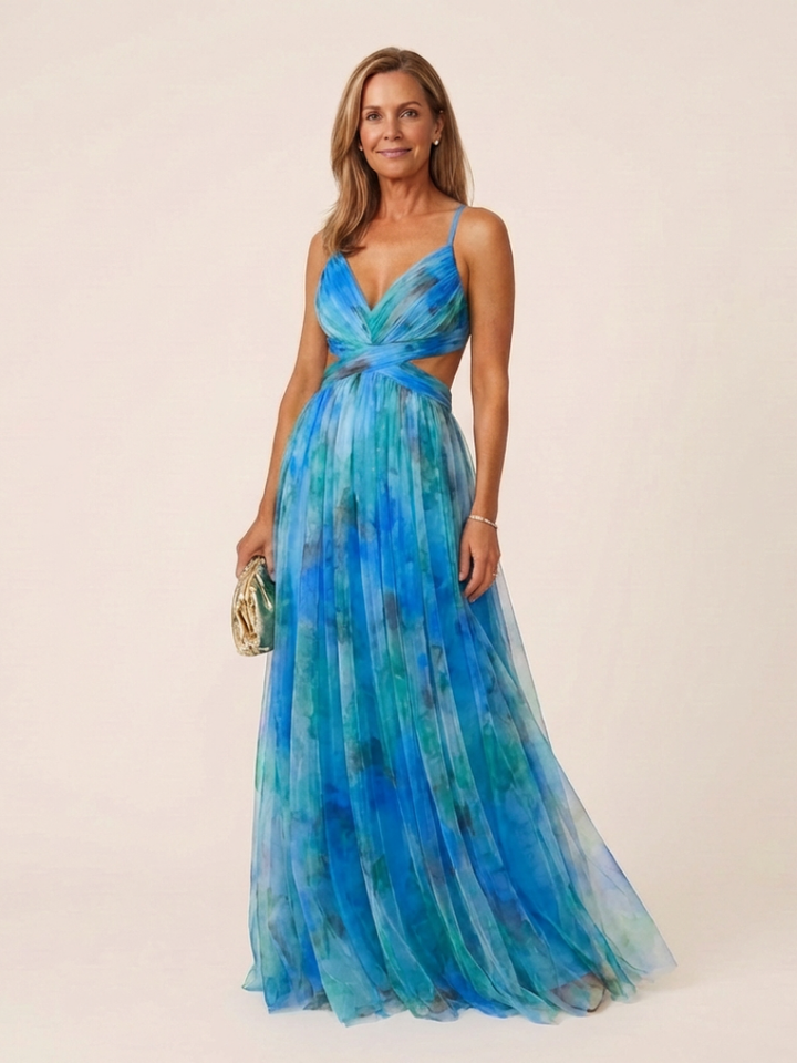 Women's Sleeveless V Neck Pleated Maxi Dress