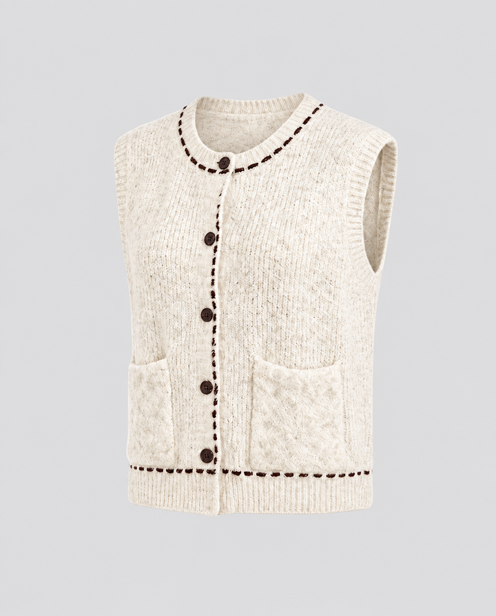 Women's Sleeveless Short Knit Vest with Contrast Stitch and Patch Pockets Echo Archive, view 6 - Elena Harper