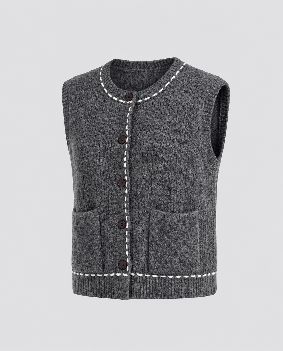 Women's Sleeveless Short Knit Vest with Contrast Stitch and Patch Pockets Echo Archive, view 5 - Elena Harper