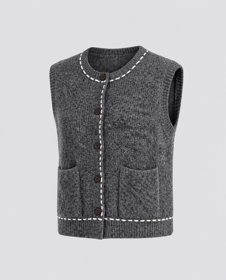 Women's Sleeveless Short Knit Vest with Contrast Stitch and Patch Pockets Echo Archive, view 5 - Elena Harper