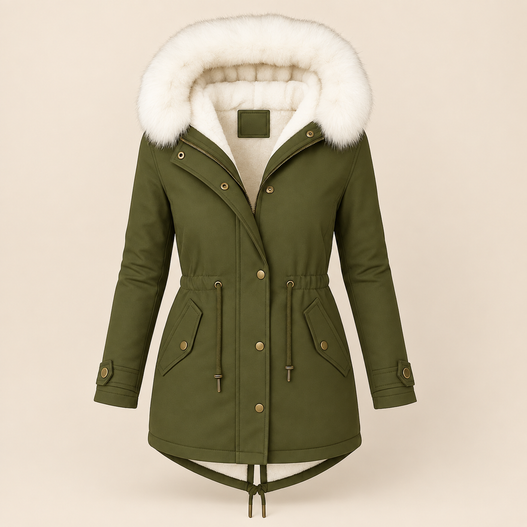 Long women's parka with fur-lined hood and adjustable waist