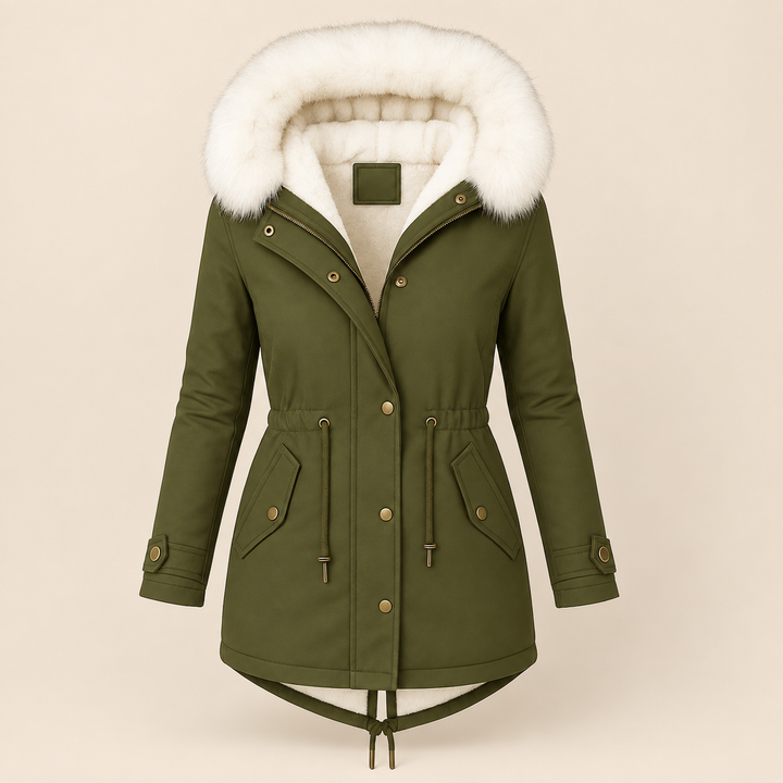 Long women's parka with fur-lined hood and adjustable waist