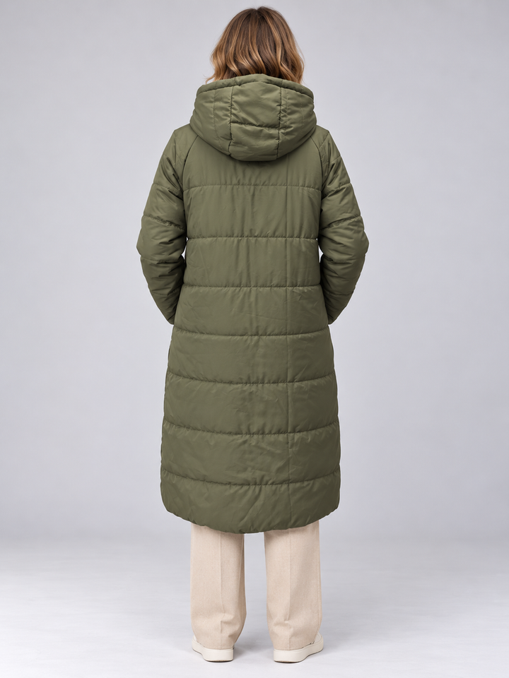Women's Reversible Long Hooded Puffer Coat, view 2 - Elena Harper