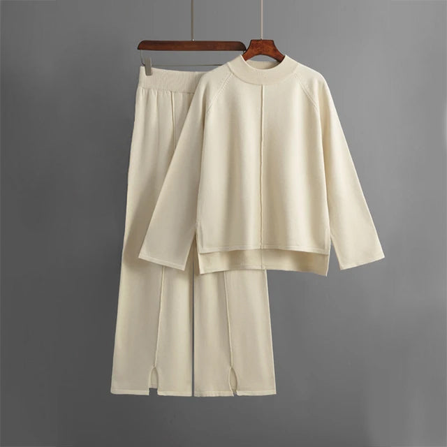 Complete Women's Loungewear Set with Crew Neck Sweater and Wide Leg Pants