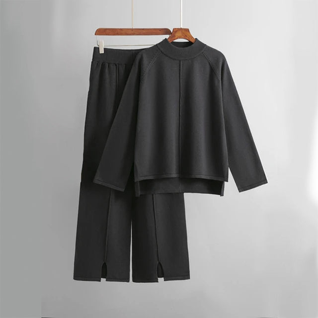 Complete Women's Loungewear Set with Crew Neck Sweater and Wide Leg Pants