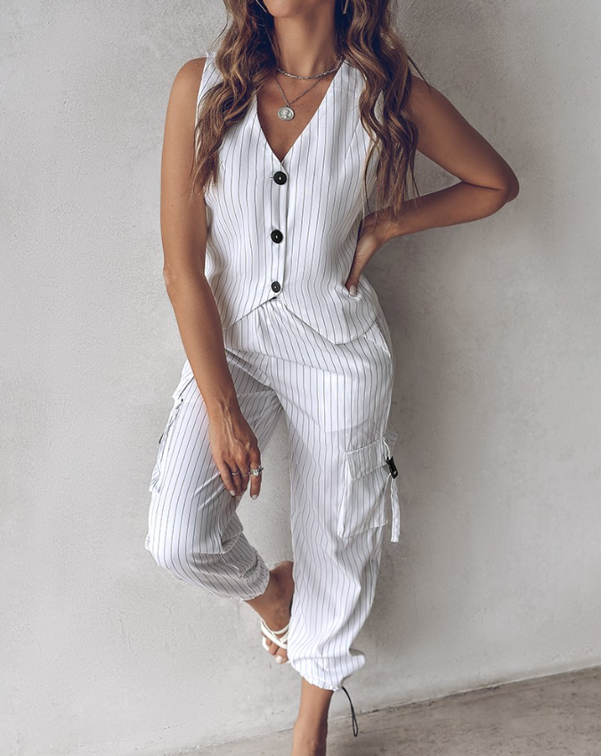 Women's Striped 2-Piece Suit Set - Vest, Top & Pants