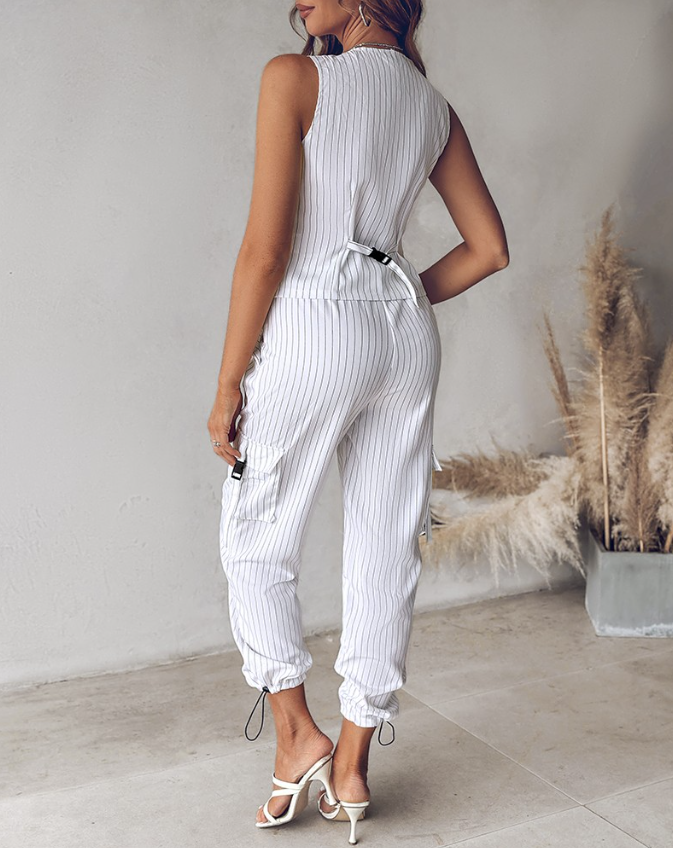 Women's Striped 2-Piece Suit Set - Vest, Top & Pants