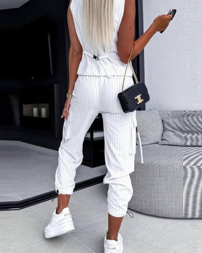 Women's Striped 2-Piece Suit Set - Vest, Top & Pants