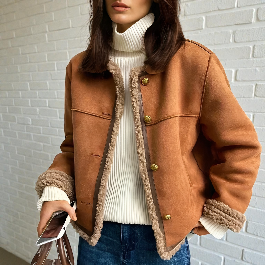 Premium Women's Winter Jacket Lined with Fleece – Thick Brown Coat with Round Collar