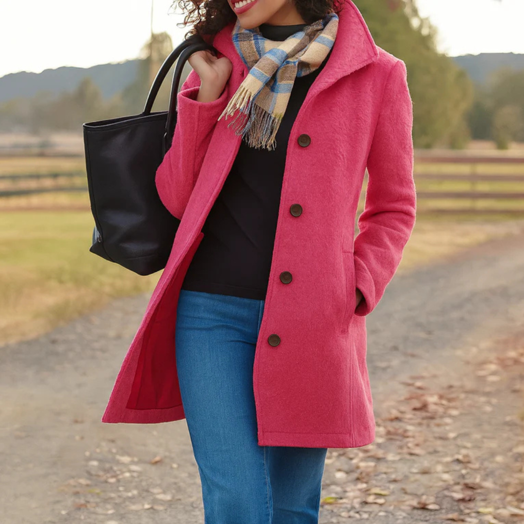 Elegant Long Buttoned Women's Coat with High Collar