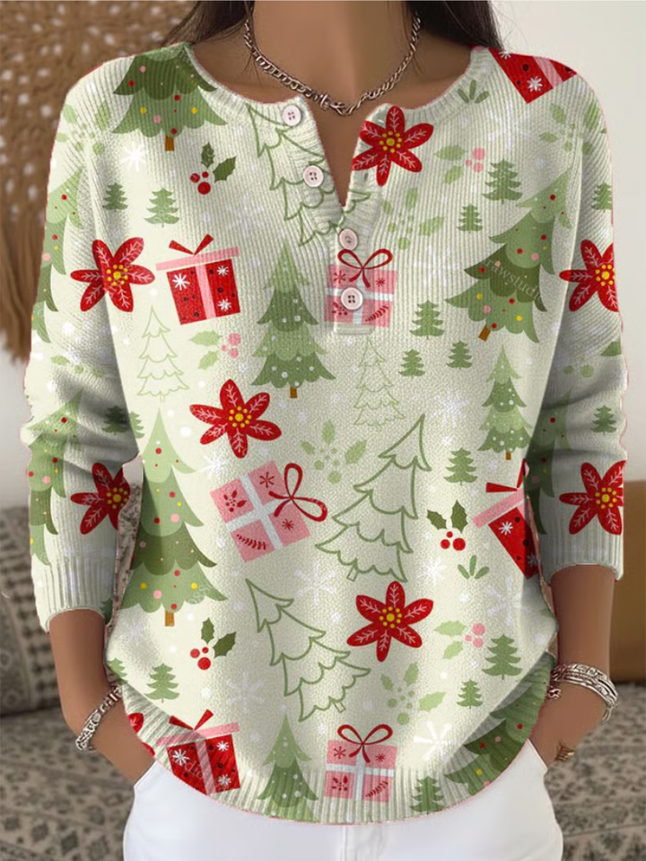 Sofia - Christmas Jumper with Gift and Pine Tree Print