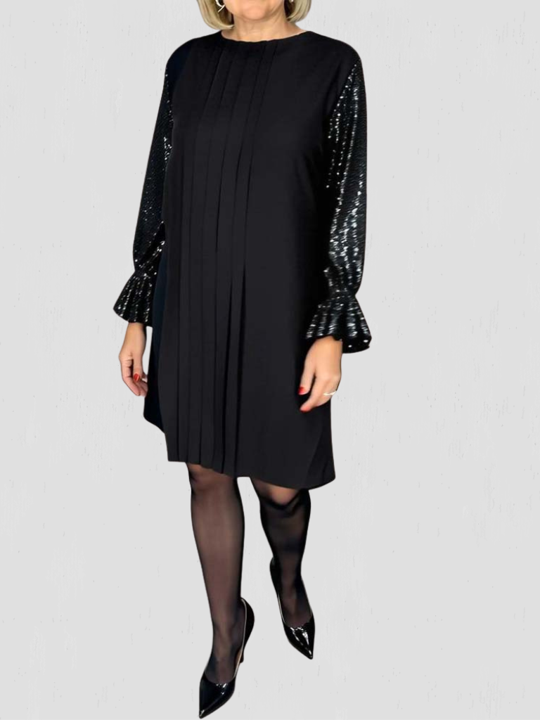 MEGAN PLEATED SEQUIN-SLEEVE DRESS