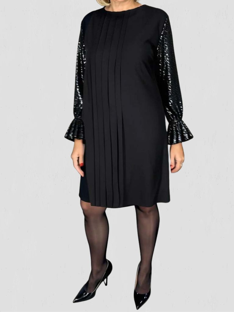 MEGAN PLEATED SEQUIN-SLEEVE DRESS