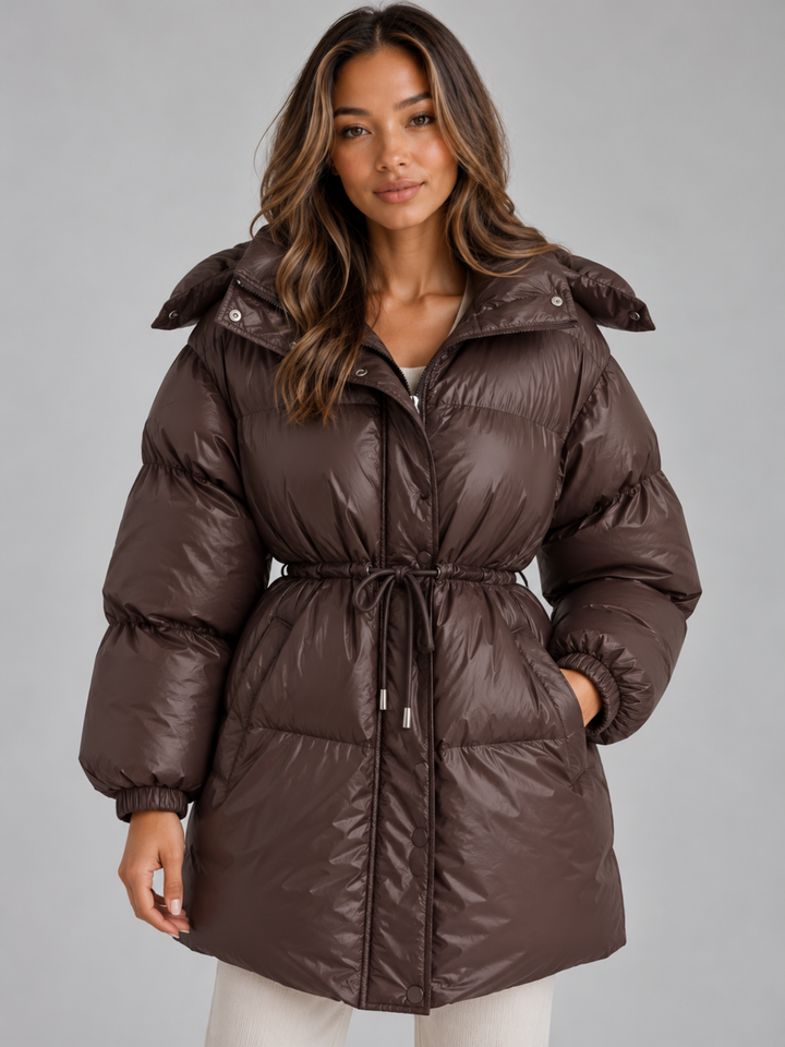 Women's Hooded Puffer Coat – Padded Drawstring Waist