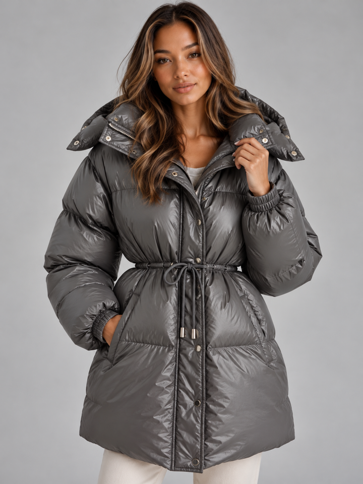 Women's Hooded Puffer Coat – Padded Drawstring Waist