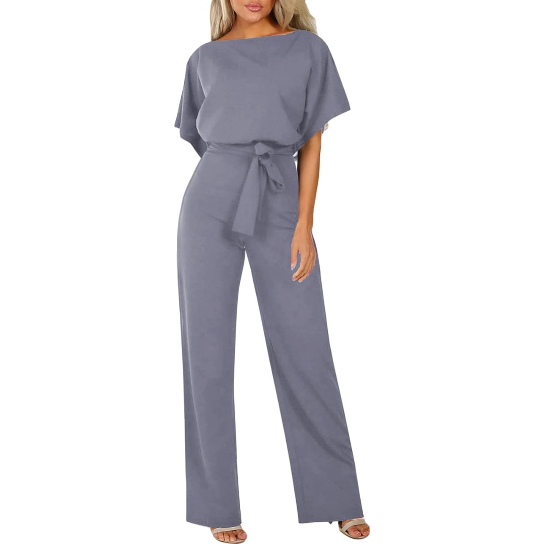 Elegant Women's Jumpsuit – Belted, Short Sleeves, and Wide Legs, Flattering Outfit for Casual or Dressy Occasions