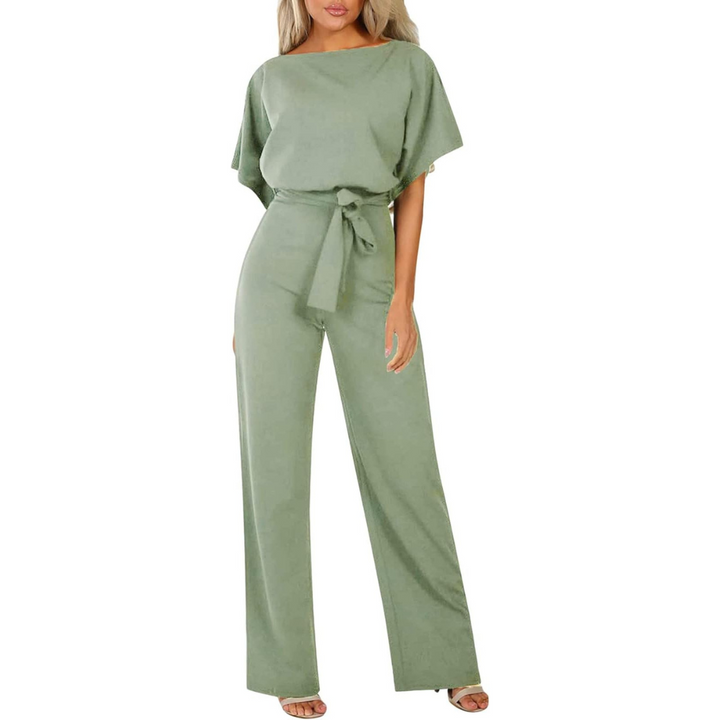 Elegant Women's Jumpsuit – Belted, Short Sleeves, and Wide Legs, Flattering Outfit for Casual or Dressy Occasions