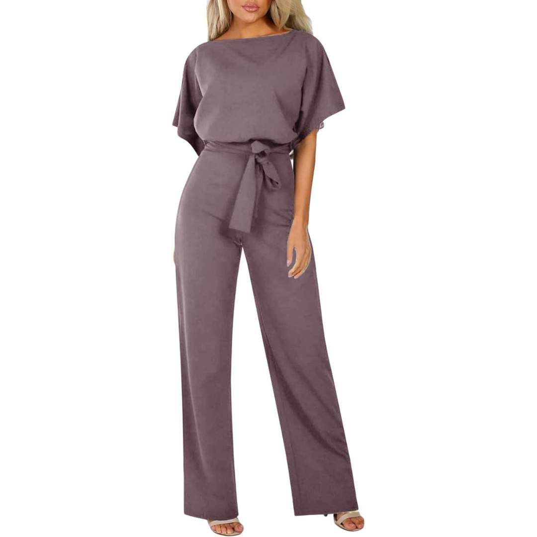 Elegant Women's Jumpsuit – Belted, Short Sleeves, and Wide Legs, Flattering Outfit for Casual or Dressy Occasions