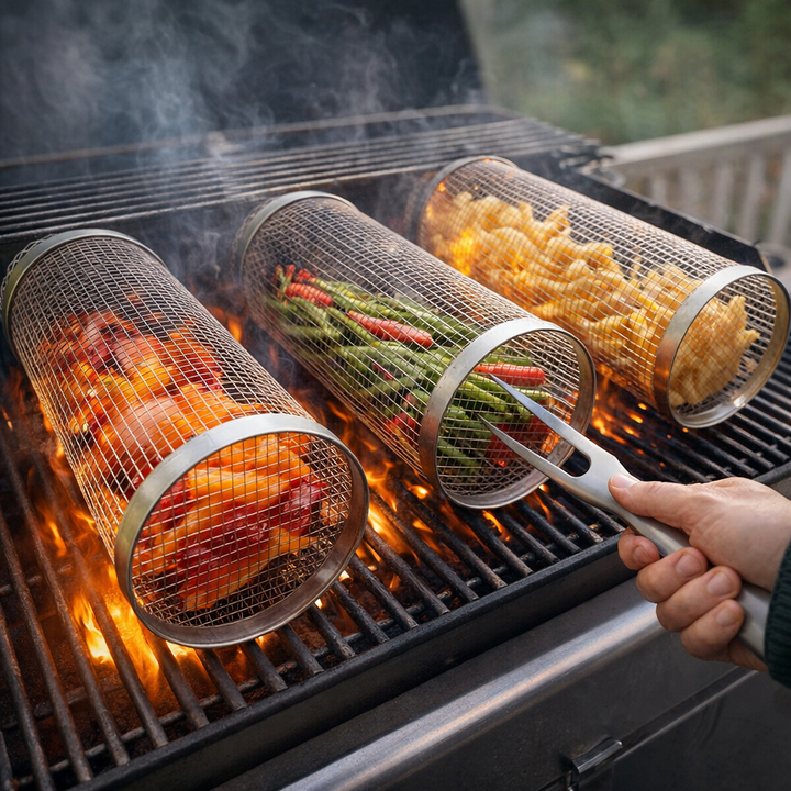 Grill Basket Cylinder Even Cooking BBQ Vegetable Grill, view 2 - Elena Harper