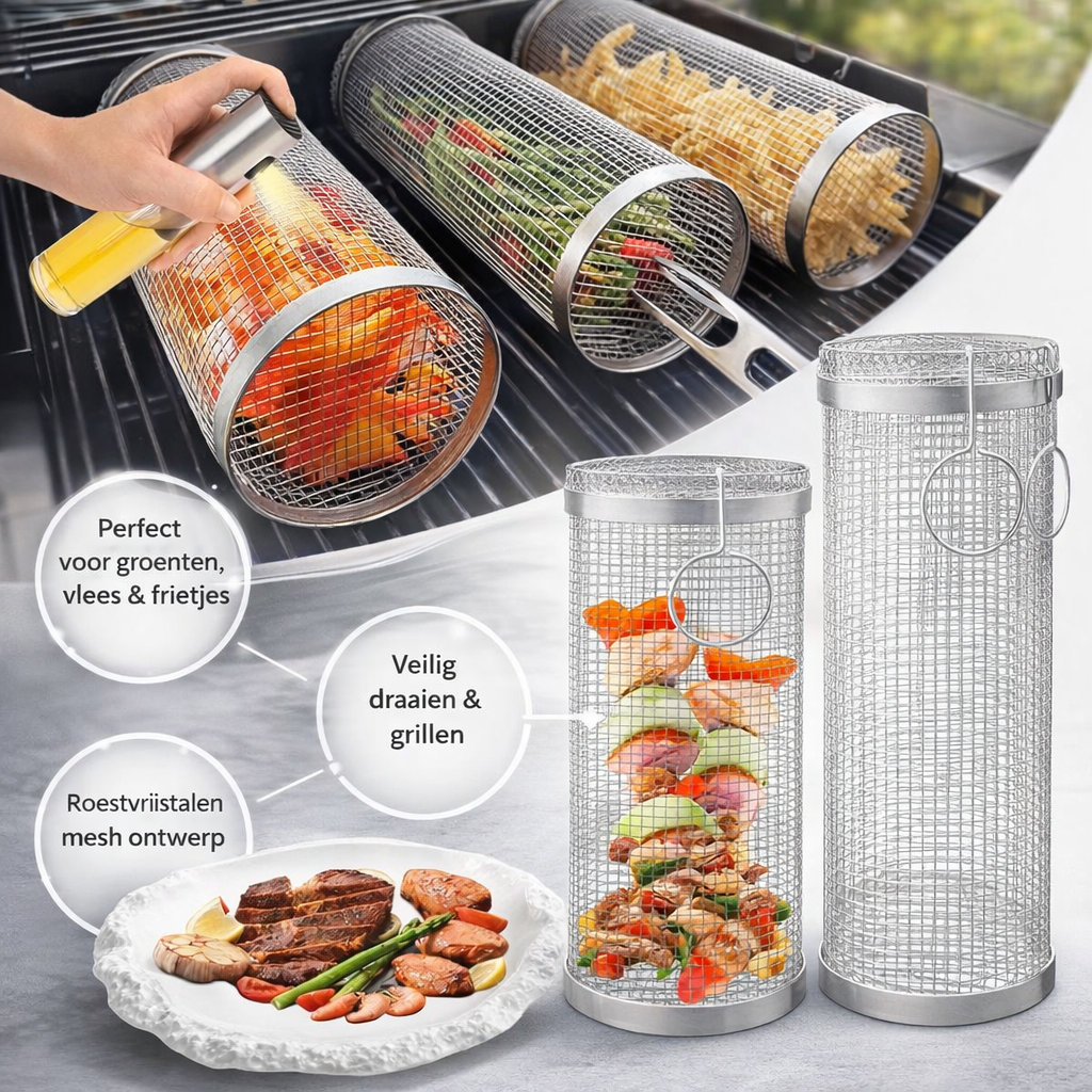 Grill Basket Cylinder Even Cooking BBQ Vegetable Grill, view 4 - Elena Harper