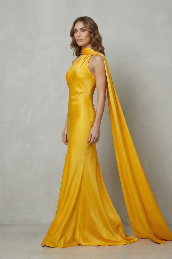Orlianne – Draped neckline cascade – Satin mermaid gown
