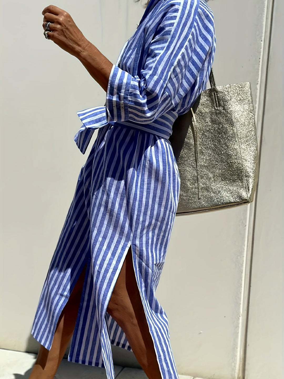 Women's Striped Button-Down Dress with Belt - Effortless Style