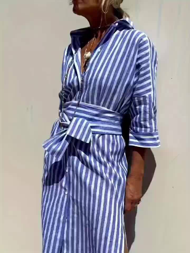 Women's Striped Button-Down Dress with Belt - Effortless Style