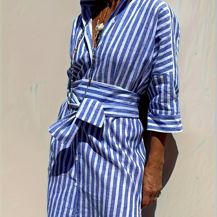 Women's Striped Button-Down Dress with Belt - Effortless Style