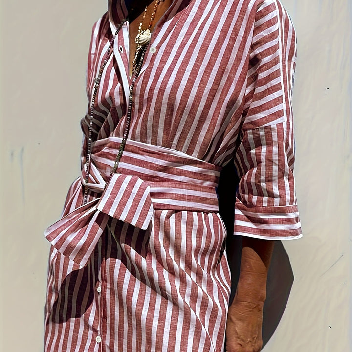 Women's Striped Button-Down Dress with Belt - Effortless Style