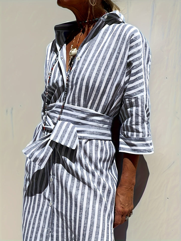 Women's Striped Button-Down Dress with Belt - Effortless Style