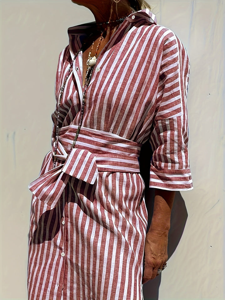 Women's Striped Button-Down Dress with Belt - Effortless Style