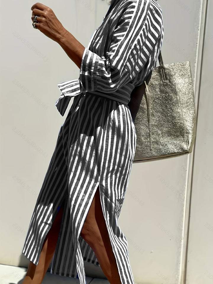 Women's Striped Button-Down Dress with Belt - Effortless Style
