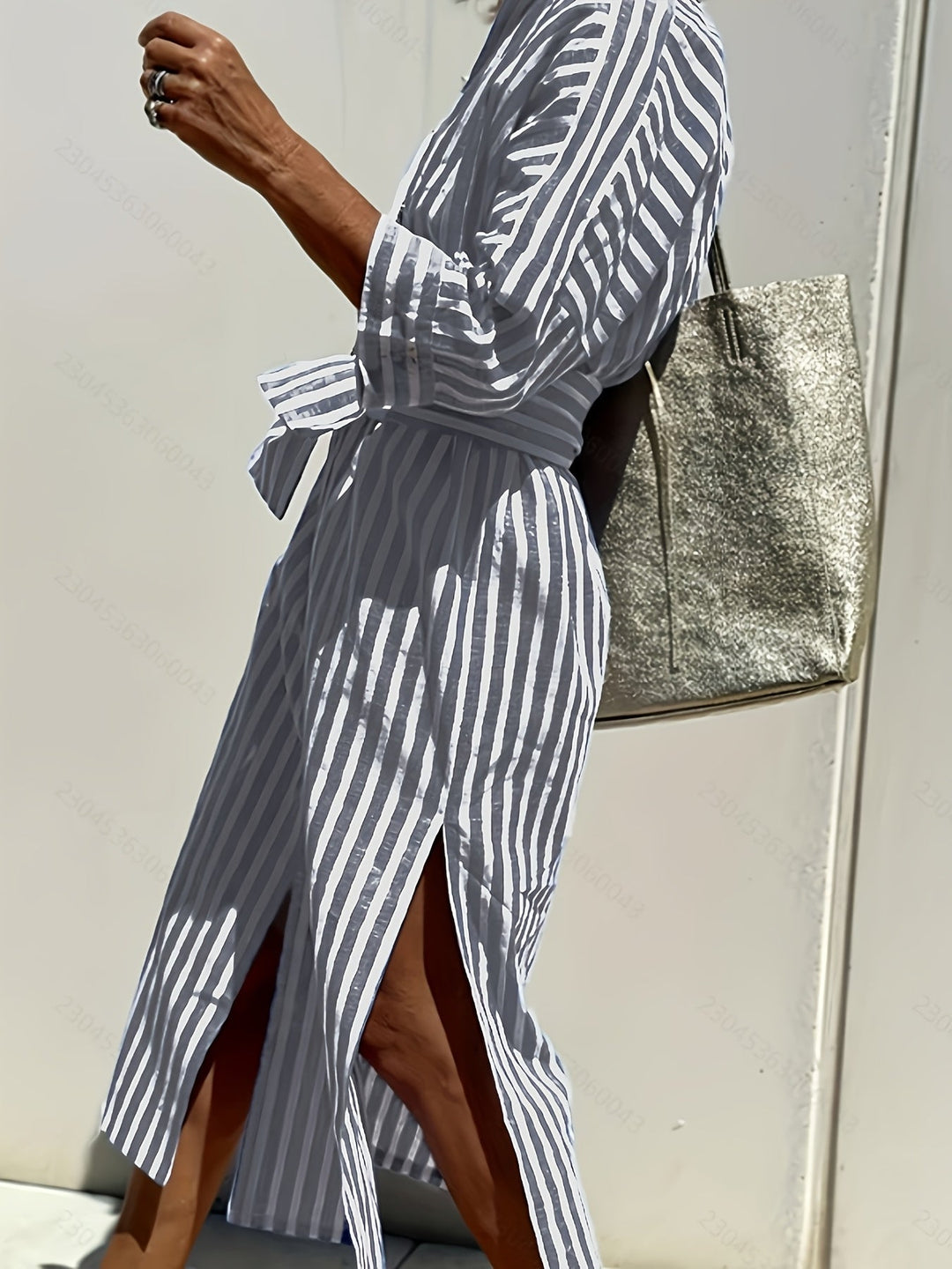 Women's Striped Button-Down Dress with Belt - Effortless Style