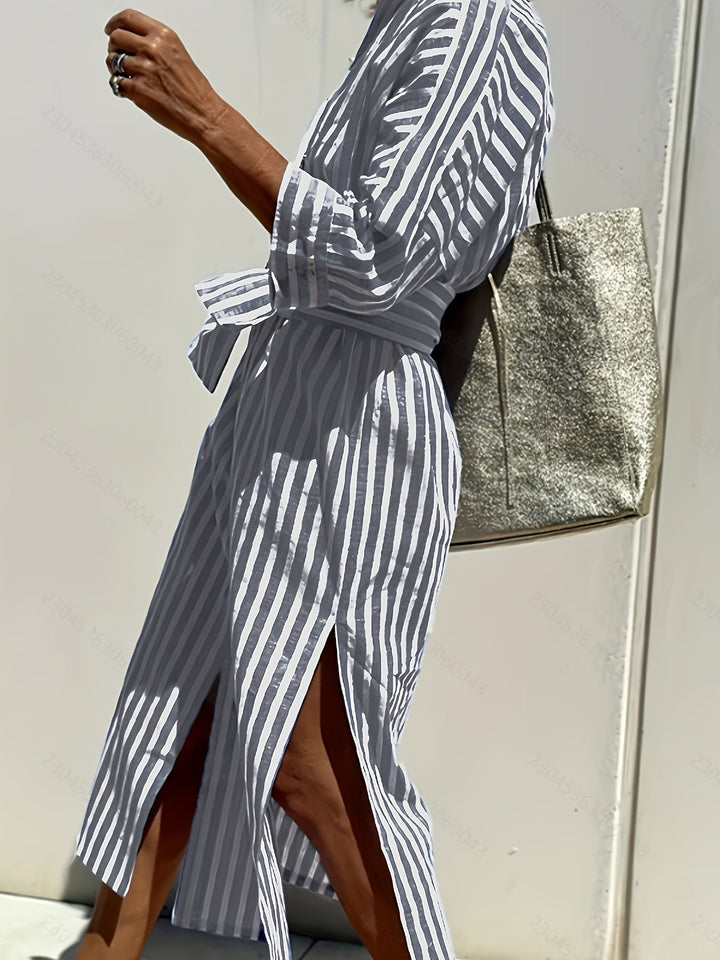 Women's Striped Button-Down Dress with Belt - Effortless Style