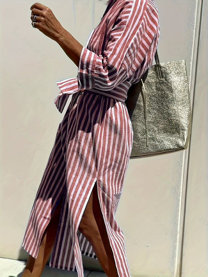 Women's Striped Button-Down Dress with Belt - Effortless Style