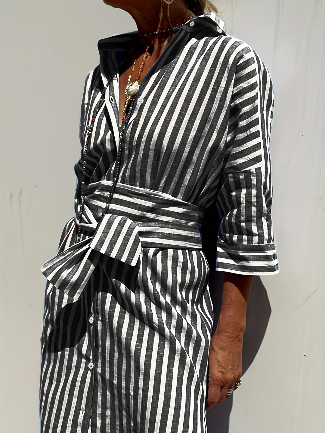 Women's Striped Button-Down Dress with Belt - Effortless Style