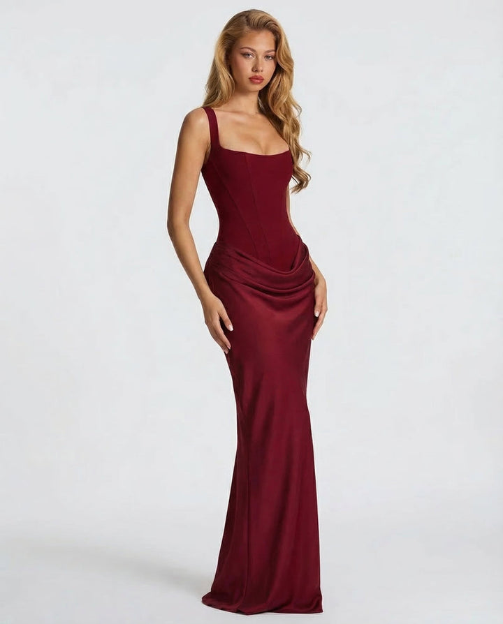 Corset Maxi Dress with Draped Skirt and Lace-Up Back - Elena Harper