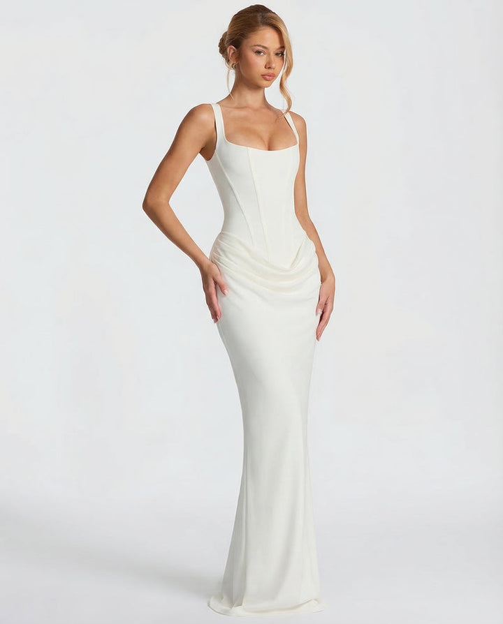 Corset Maxi Dress with Draped Skirt and Lace-Up Back, view 8 - Elena Harper