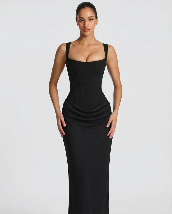 Corset Maxi Dress with Draped Skirt and Lace-Up Back, view 3 - Elena Harper