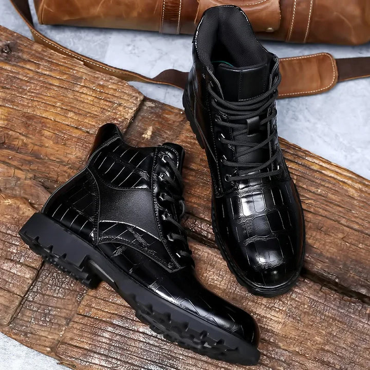 Men's Alligator Embossed Combat Ankle Boots, view 7 - Elena Harper