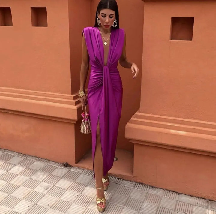 Elegant long women's dress draped V-neck sleeveless slit chic evening